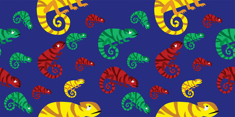 different colored chameleon vector on dark blue base. background. seamless pattern. suitable for wall decoration, t-shirt screen printing, book cover, gift cover etc. eps file