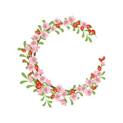 Rosehip wreath. Round frame, cute pink flowers rose red fruits and leaves. Festive decorations for wedding, holiday, postcard, poster and design