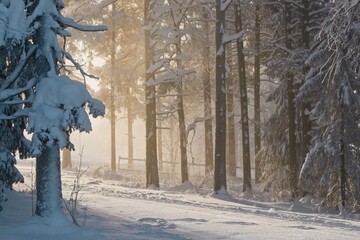 Winter sun rays break through the snow-covered trees - 432500211