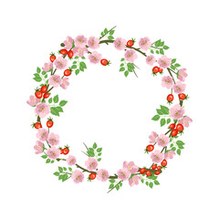 Rosehip wreath. Round frame, cute pink flowers rose red fruits and leaves. Festive decorations for wedding, holiday, postcard, poster and design
