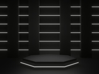 3D rendered black geometric product stand. Dark background with white neon light