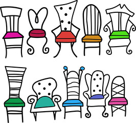 collection of chairs and armchairs, retro color, lines