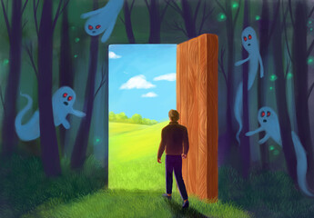 surrealism, analogy. Depression recovery, psychological recovery. A man going out a light door, ghosts as a symbol of phobias and psychological problems - 432501651