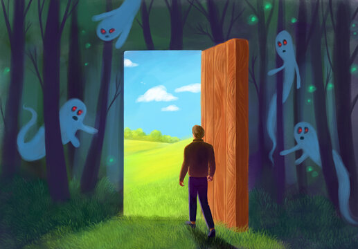surrealism, analogy. Depression recovery, psychological recovery. A man going out a light door, ghosts as a symbol of phobias and psychological problems