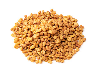pile of Fenugreek seeds closeup on white
