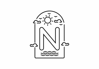 Line art illustration of beach with N initial name