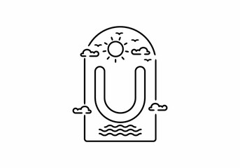 Line art illustration of beach with U initial name