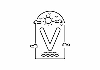 Line art illustration of beach with V initial name