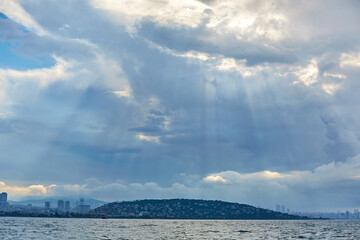 Evening boat trip along the Bosphorus. Panorama of Istanbul view from the ferry