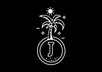 White black line art illustration of coconut tree in the beach with J initial letter