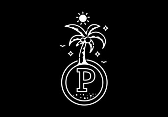 White black line art illustration of coconut tree in the beach with P initial letter