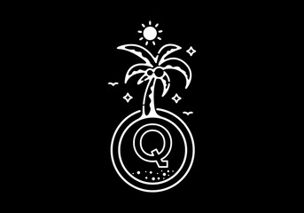 White black line art illustration of coconut tree in the beach with Q initial letter