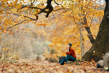 woman in the park landscape falling leaves travel nature autumn model backpack