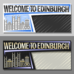 Vector layouts for Edinburgh with copy space, decorative voucher with illustration of edinburgh city scape on day and dusk sky background, art design tourist coupon with words welcome to edinburgh.
