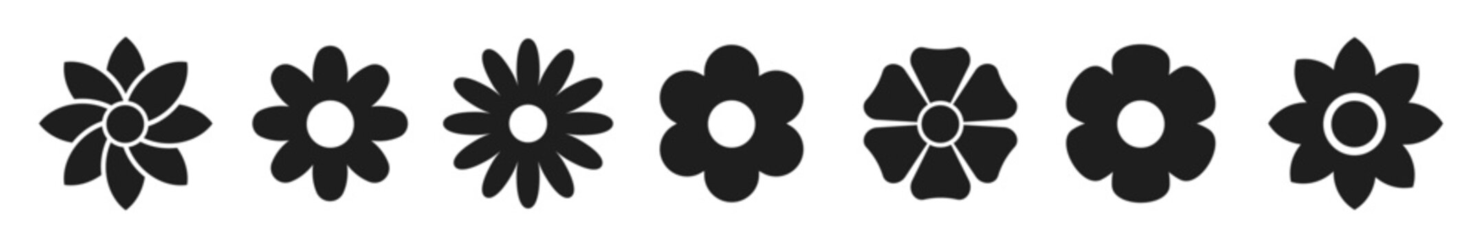 Flower icons set isolated on white background. Floral black pictogram in trendy flat style. Nature symbol for decoration design. Vector illustration.