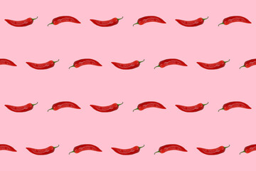 Red hot chili peppers on pink background, seamless pattern