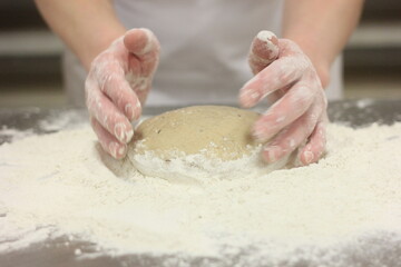 Woman's hands kneading the bread dough. Making dough by female hands on wooden table