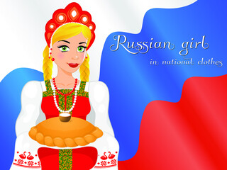A beautiful Russian girl in national clothes with a loaf against the background of a Russian Federation flag. Slavic style, hospitality, bread and salt, embroidered shirt. Vector illustration