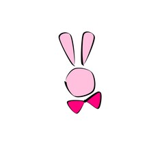 The head of a pink bunny. A bunny in a bow tie. Playful bunny. A sketch of the doodle logo.