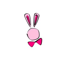 The head of a pink bunny. A bunny in a bow tie. Playful bunny. A sketch of the doodle logo.