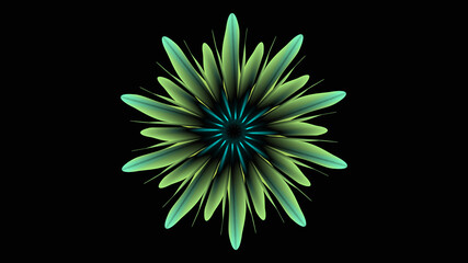 Green blue neon flower for abstract art on dark background. Glow bloom. 