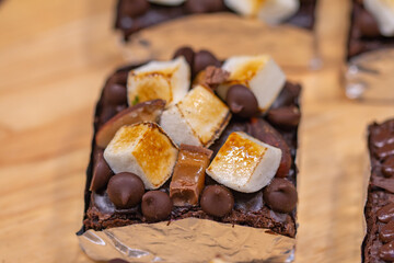 A variety of brownie cakes, very tasty.