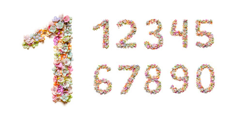 Collection of flora number for your decoration in spring, summer. Holiday design. Numbers for kids. Flower font.