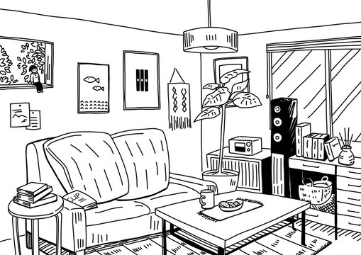 インテリアにこだわったナチュラルテイストな部屋の線画背景