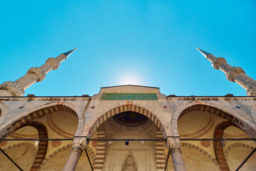 The inner courtyard of the mosque. The architecture of the Islamic religion. A bright sunny day.