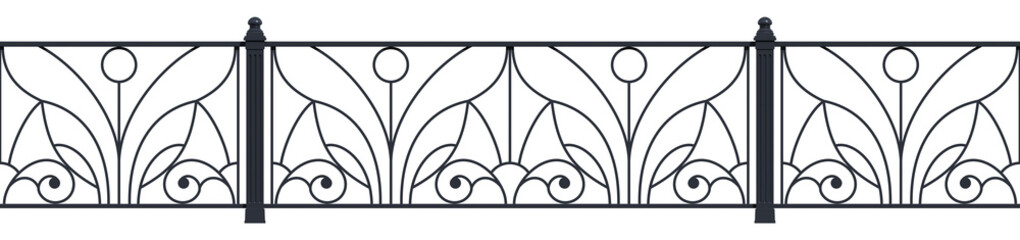 3d render. Iron railings for the city. Art Nouveau. Blacksmithing. Urban design. Balcony. Terrace. Classic architecture. Template for architectural projects. Iron fence. Isolated. White background.