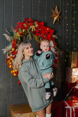 Beautiful and happy mom and son on new year's day.