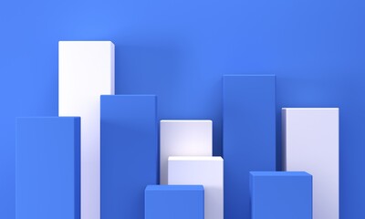 Abstract blue background with white rectangles podiums for cosmetics. Backdrop design for product promotion. 3d rendering