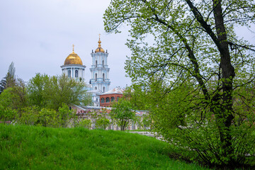 Orthodox church among the spring greenery.