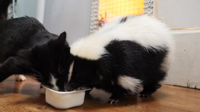 Animal friendship: skunk and cat are eaten from one bowl
