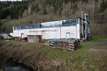 Fototapeta na wymiar Der Charme des Morbiden - alte Fabrikhalle am Rande des Flüsschens Schwarza in Katzhütte - Fotografiert im Rahmen der Panoramafreiheit