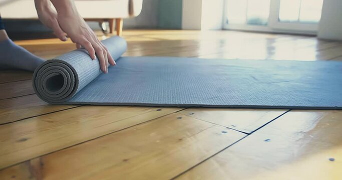 Lady yoga trainer in socks unrolls grey rubber mat on parquet floor before training lesson in room in morning closeup slow motion