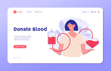 Volunteer woman donating blood near heart. Donor. Concept of donation, charity, world blood donor day, health care. Vector illustration in flat design for background, banner, card