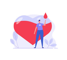 Volunteer man donating blood near heart. Donor. Concept of donation, charity, world blood donor day, health care. Vector illustration in flat design for background, banner, card