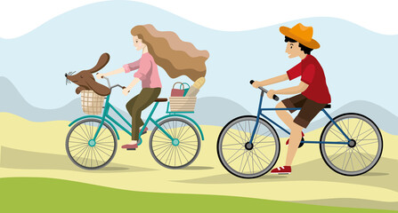 Young couple riding a bikes on the natural landscape background. Vector image