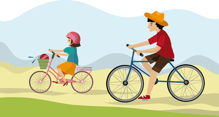 Active holidays. Father and daughter are riding bikes. Vector illustration of a flat design