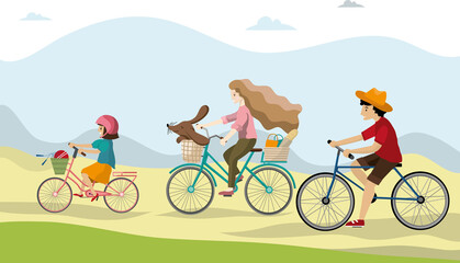 Active holidays. Father and daughter are riding bikes. Vector illustration of a flat design