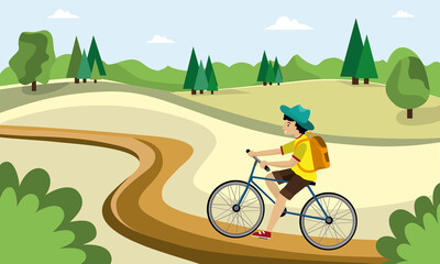 Young man is riding on bicycles on the natural landscape background. Vector illustration.