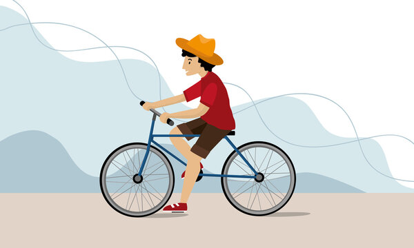Young man is riding on bicycles on the natural landscape background. Vector illustration.