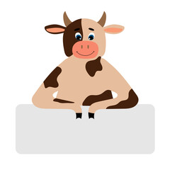 Funny cow leaning on a grey rectangle. Isolated vector illustration
