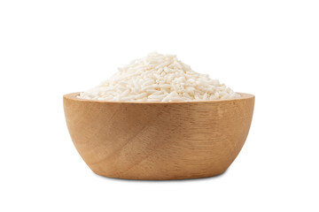 uncooked Thai sticky rice in wooden bowl isolated on white background with Clipping Path