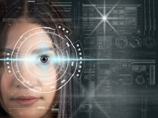 Asian women being futuristic vision, digital technology screen over the eye vision background, security and command in the accesses. surveillance and sefety concept