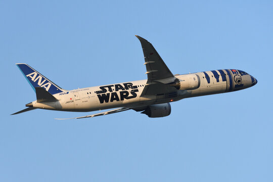 Chiba, Japan - May 05, 2019:All Nippon Airways (ANA) Boeing B787-9 Dreamliner (JA873A) passenger plane. Special livery "Star Wars R2-D2" scheme.