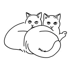 くっついている二匹の猫の線画イラスト