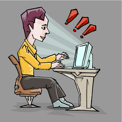 calm and hard worker sitting in front of desk top computer hand draw illustration
