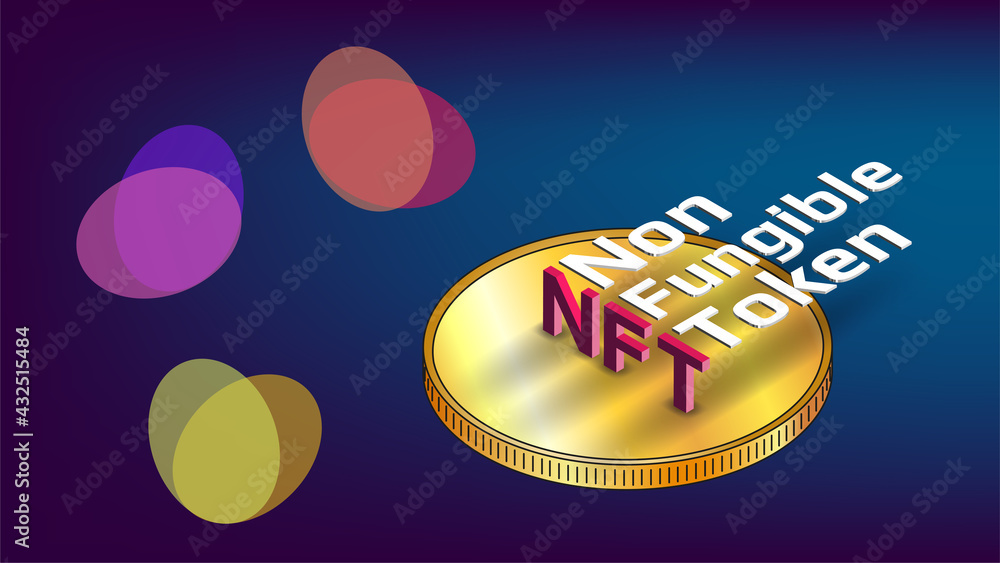 Sticker nft non fungible tokens infographics with isometric text on golden coin and abstract shapes on blue 
